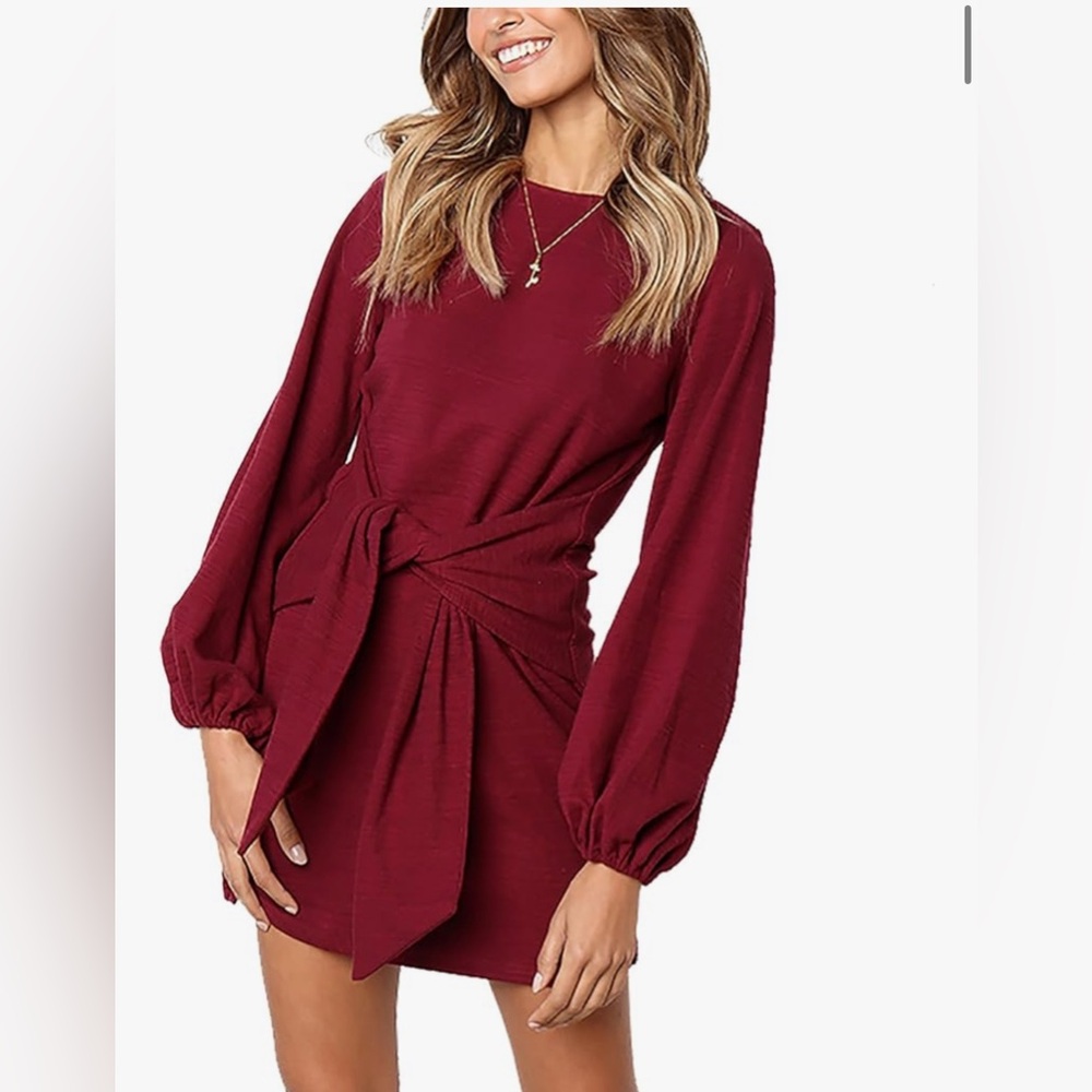 Wine Red Belted Dress with Long Sleeves Size M